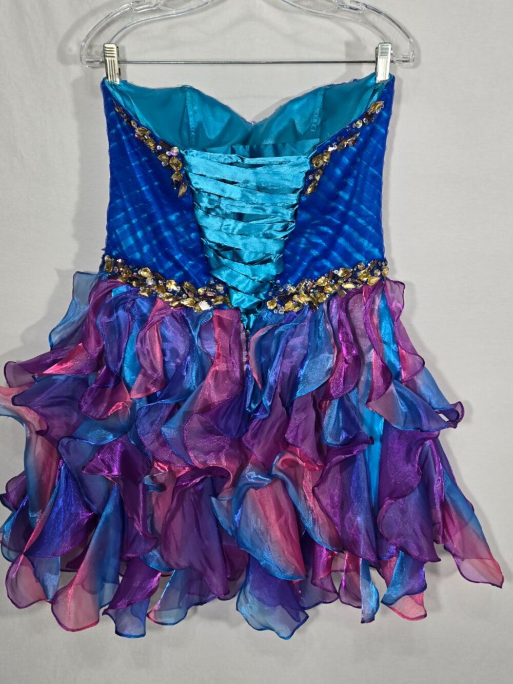 Y2K Vintage PRECIOUS FORMALS Blue-Ombre Strapless Ruffles Mini DRESS Size 8-12. - Picture 3 of 17